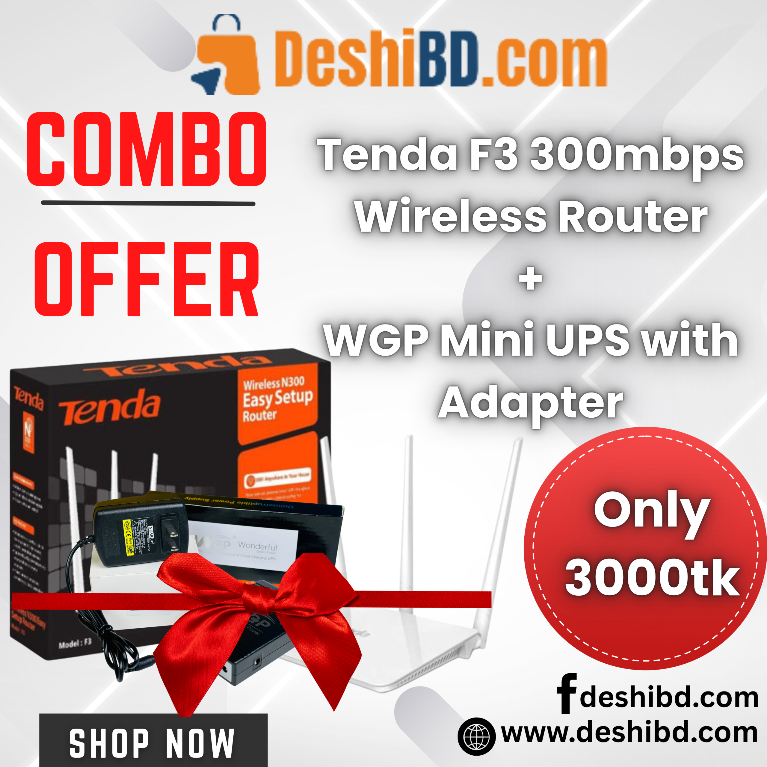 Combo Offer: Tenda F3 300Mbps Router + WGP Mini UPS with Adapter - Image 1