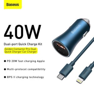 Baseus Golden Contactor Pro Dual Quick Charger Car Charger U+C 40W USB Type-C 5A 1.0m Cable Dark Gray TZCCJD-0G